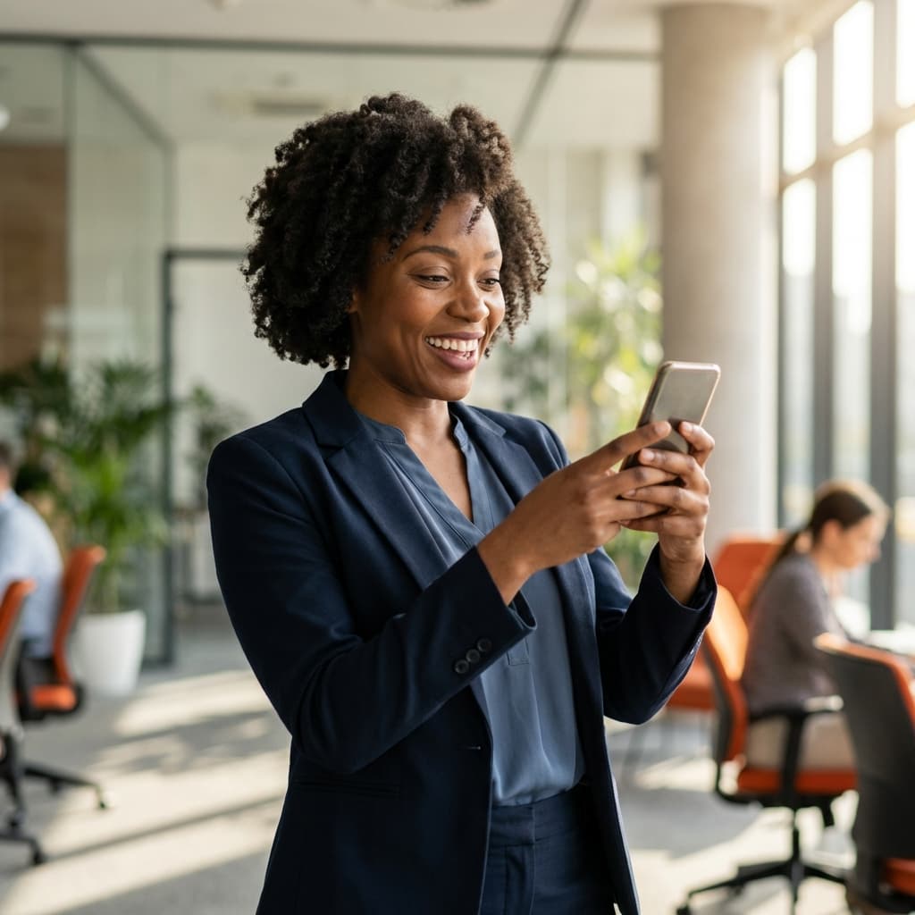 Happy client receiving tax refund on phone